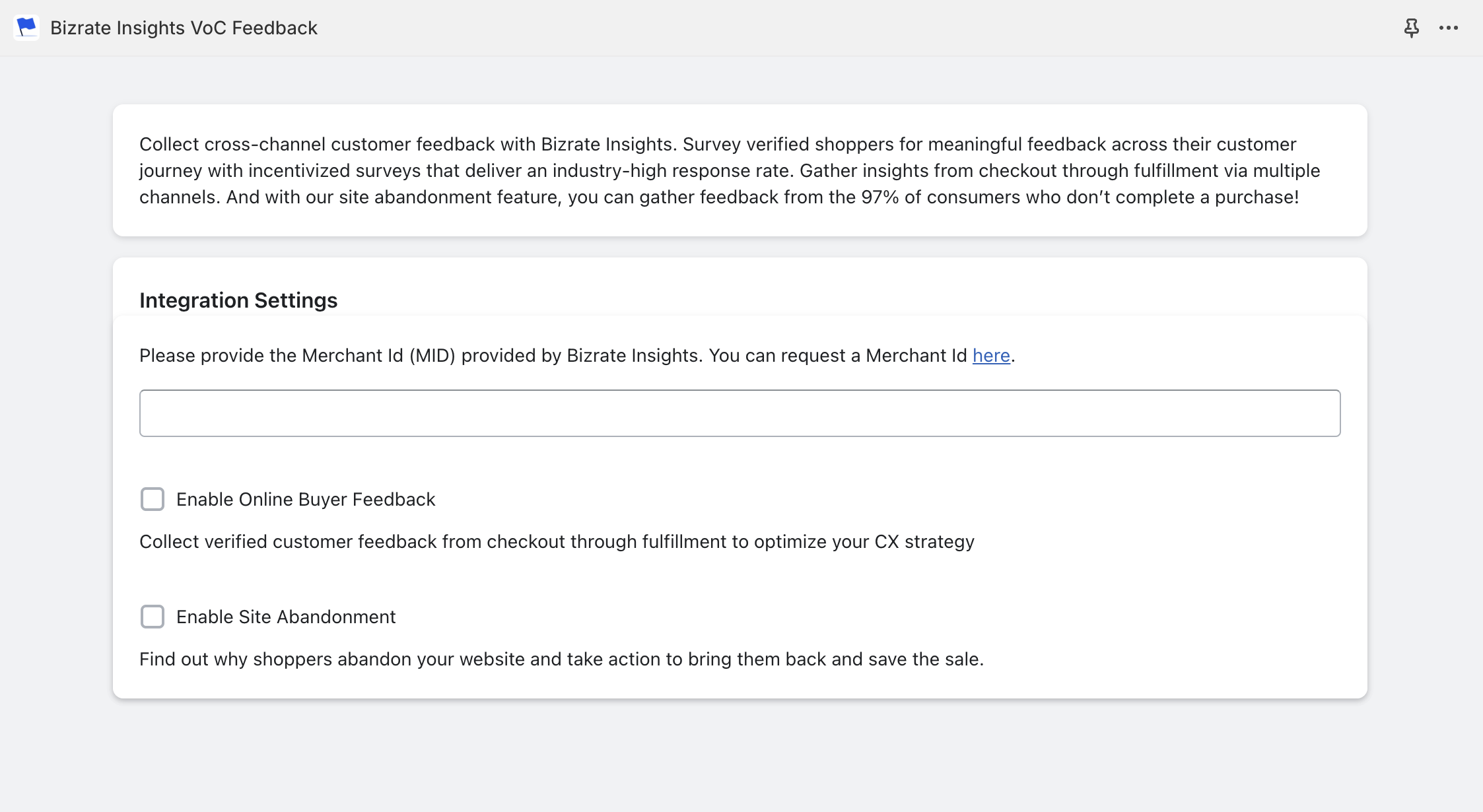 Image of the account creation portion of the Bizrate Insights Shopify plugin